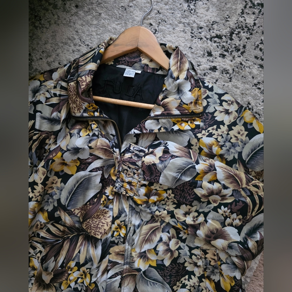 Vintage Fuda International 100% silk jacket Womens Size L Tropical Voho 90s
